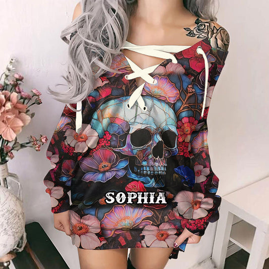 Blumen-Totenkopf - Personalisiertes Totenkopf-Schulterfreies Kleid