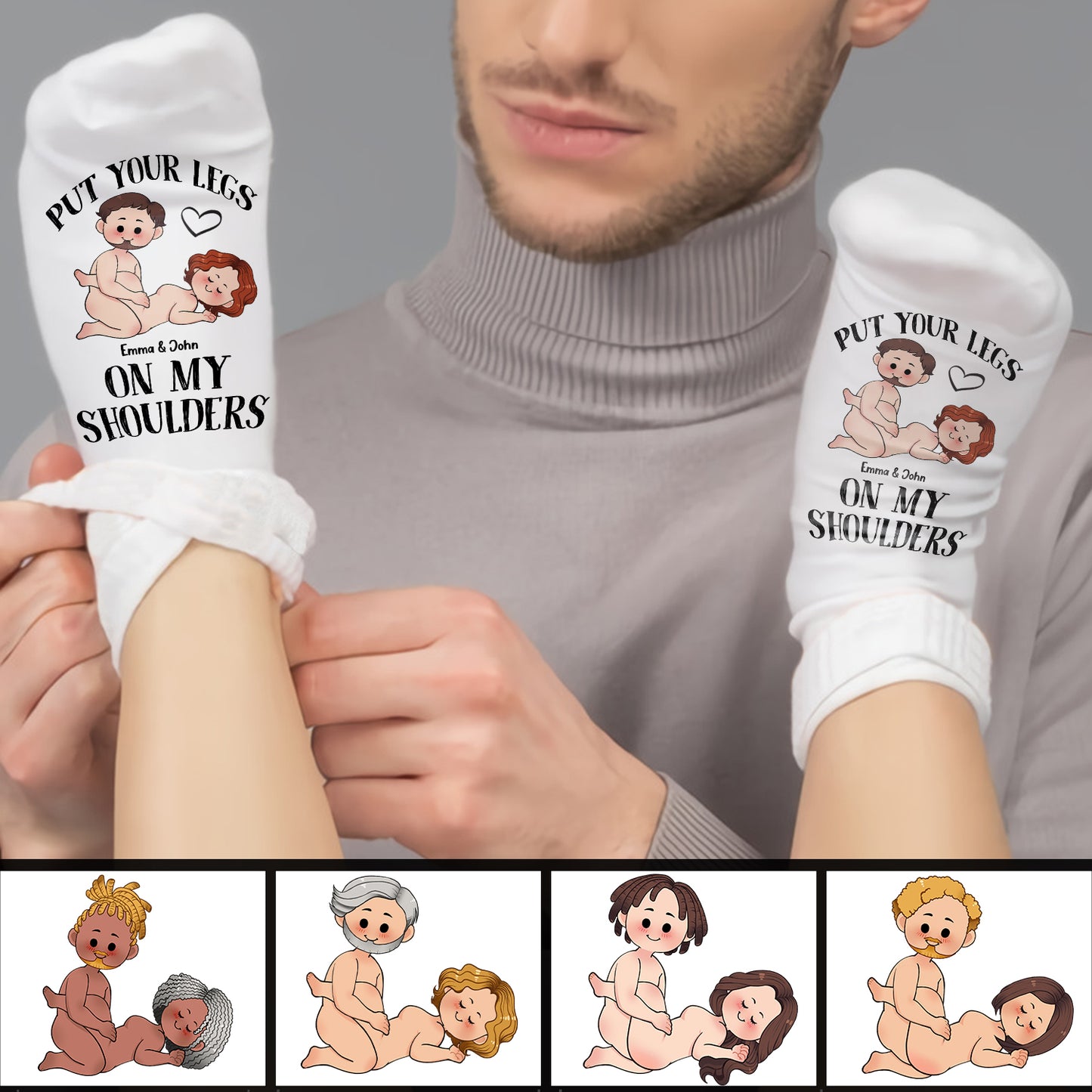 Leg deine Beine auf meine Schultern – personalisierte Socken für Paare