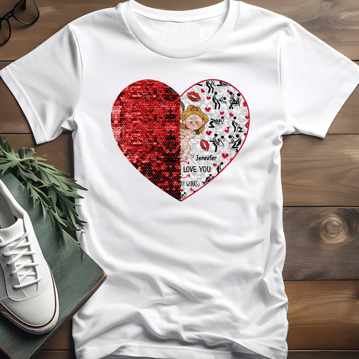 Ich liebe dich – Geschenk für Ehemann, Ehefrau, Freund, Freundin – Personalisiertes Pailletten-T-Shirt