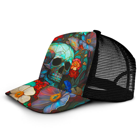Totenkopf mit Blumenmuster – Personalisierte Trucker-Mütze mit Totenkopf