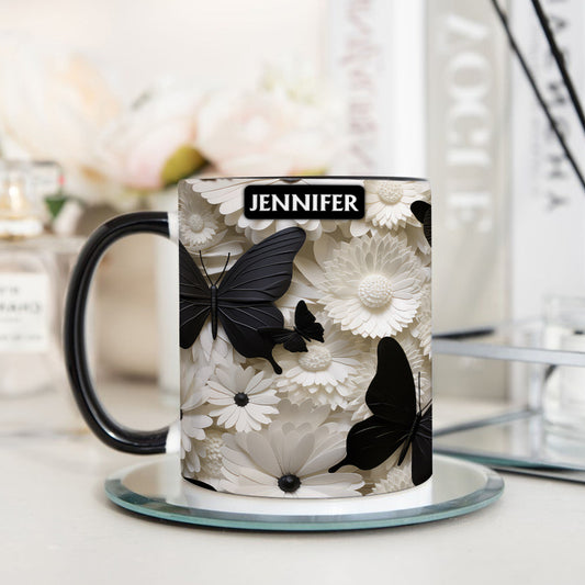 Elegant Black And White Butterflies And Flowers - Personalized Butterfly Accent Mug