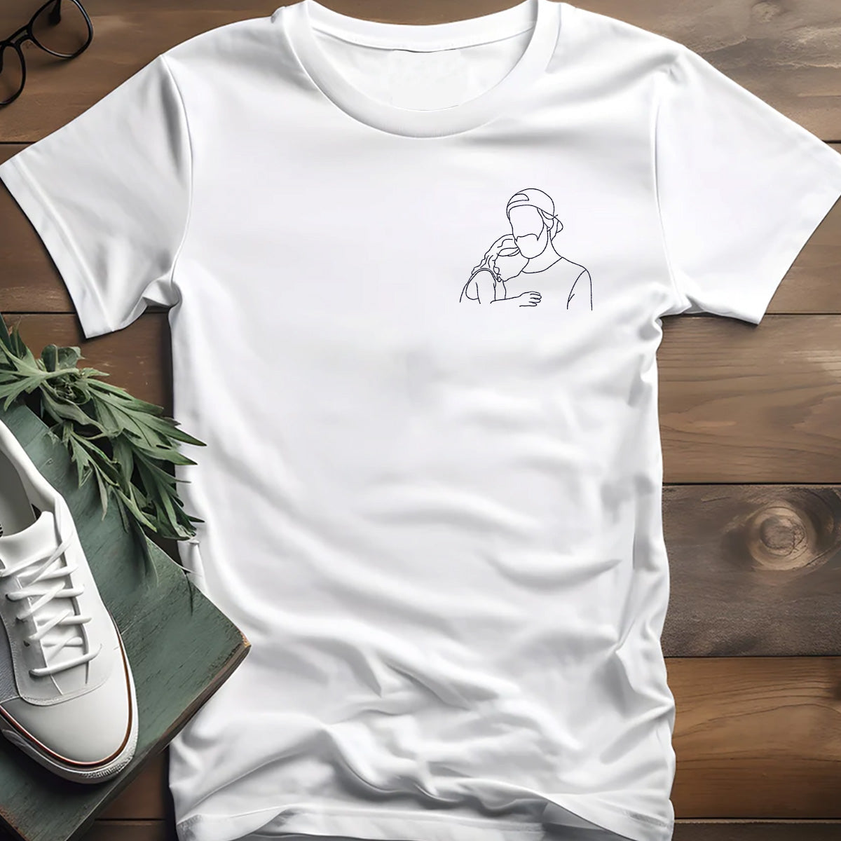 Individuelle Linienzeichnung – Personalisiertes, besticktes Vater-T-Shirt