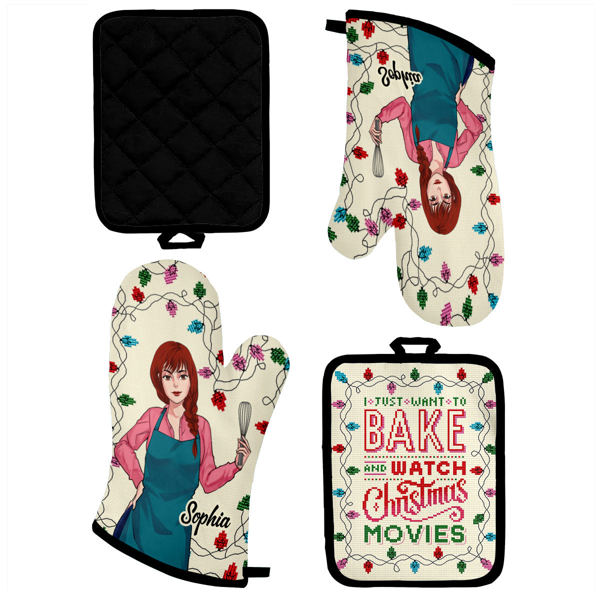 Ich will einfach nur backen und Weihnachtsfilme schauen – Personalisiertes Backhandschuh- und Topflappen-Set