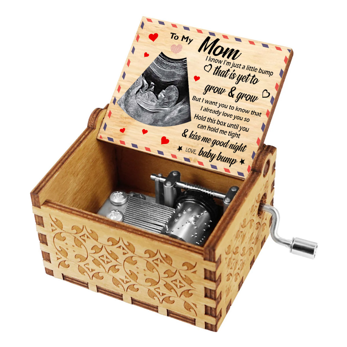 To My Mom / Dad / Grandma / Grandpa / Brother / Sister Baby Ultrasound Photo - Personalized Pregnancy Hand Crank Music Box