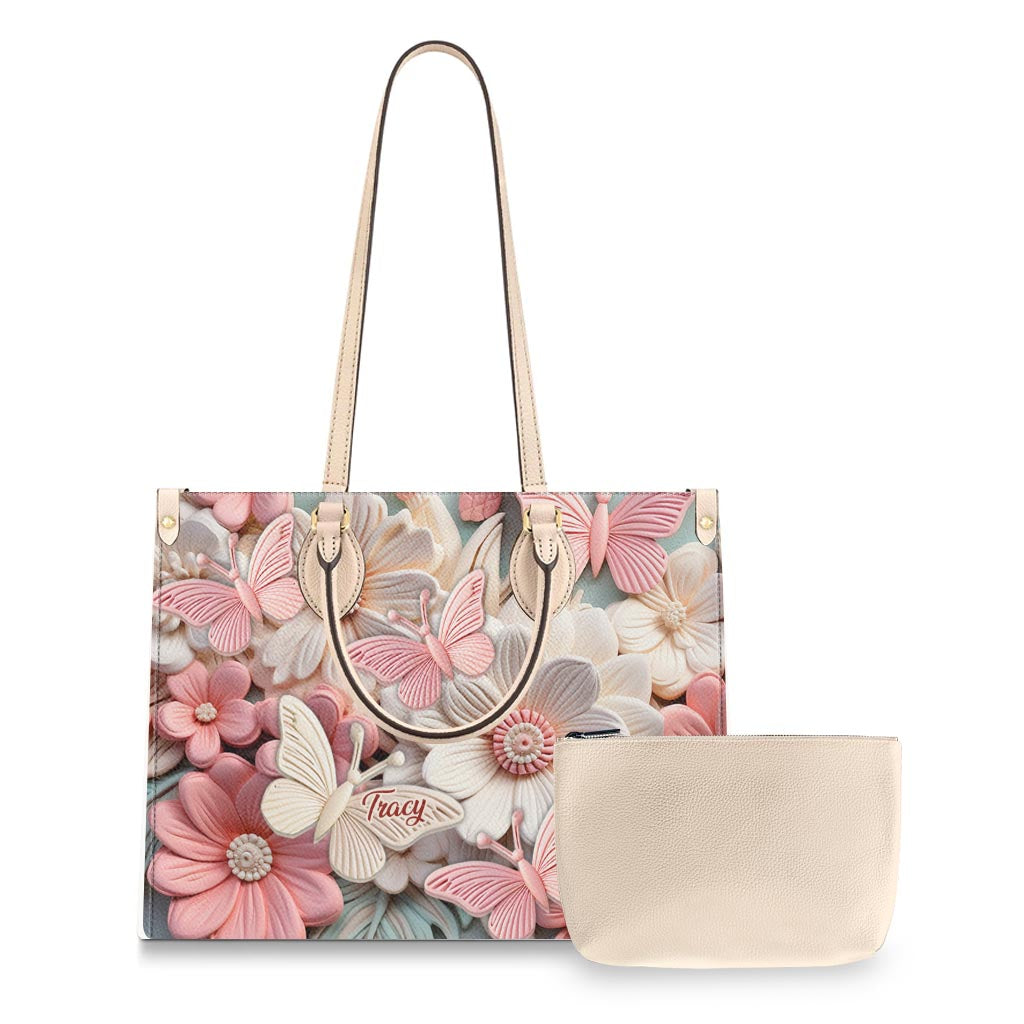 Schmetterlinge und Blumen – Personalisierte Schmetterlings-Lederhandtasche