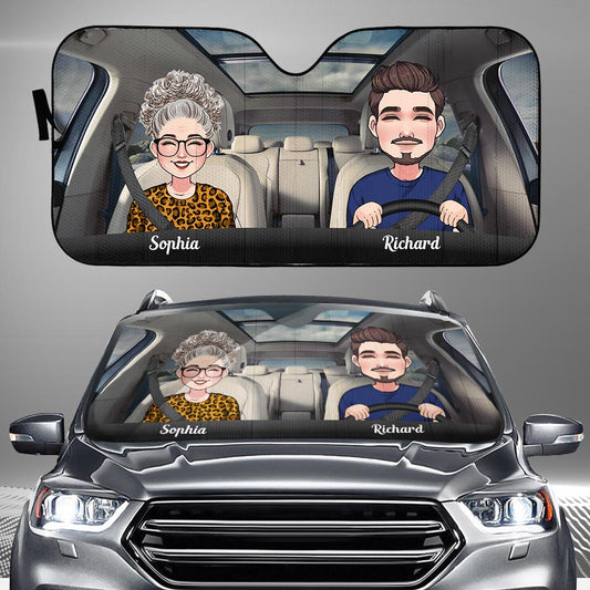 Adventure Awaits - Husband And Wife gift for wife, husband, girlfriend, boyfriend, mom, dad - Personalized Car Sunshade