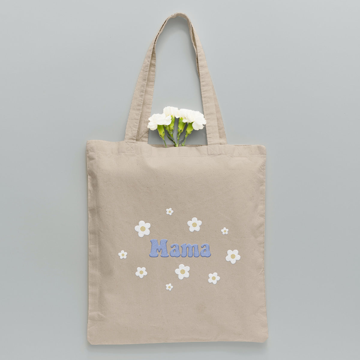 Personalisierte Tragetasche mit Namensstickerei und Blume – Individuelle Mutter-Stickerei