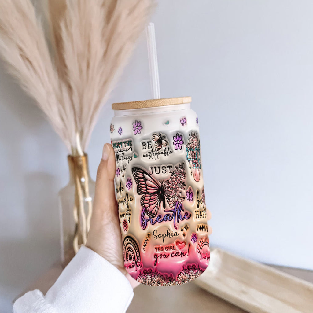 Positive Affirmations Butterfly - Personalized Butterfly Can Glass