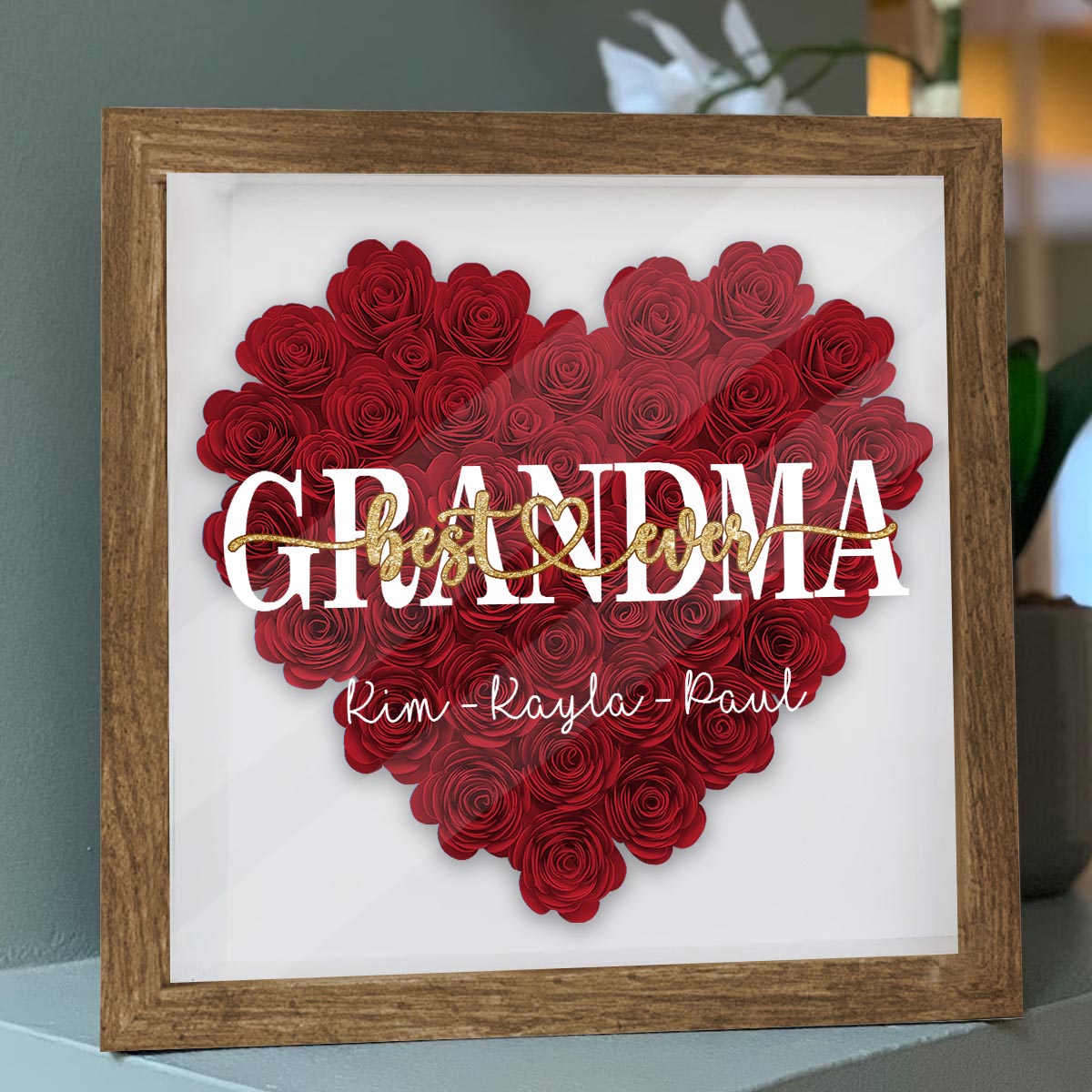 Beste Mama der Welt – Geschenk für Mama, Oma, Opa, Papa, Tante, Schwester – Personalisierte Blumen-Schattenbox