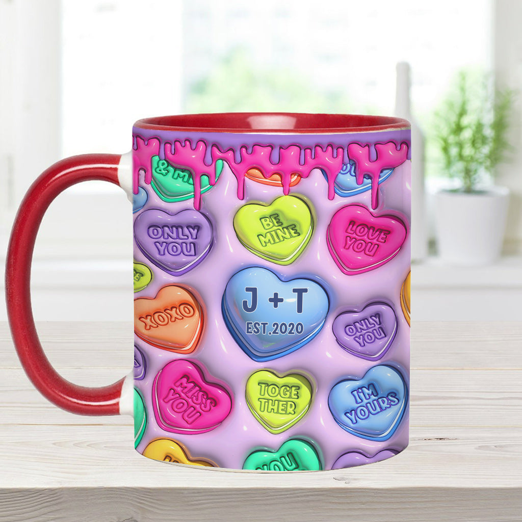 Beliebiger Name, beliebiges Datum, buntes, aufgeblasenes Herz – personalisierte Tasse für Paare