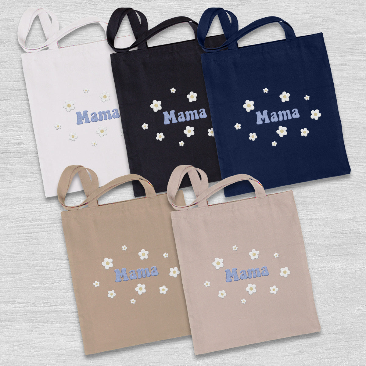 Personalisierte Tragetasche mit Namensstickerei und Blume – Individuelle Mutter-Stickerei