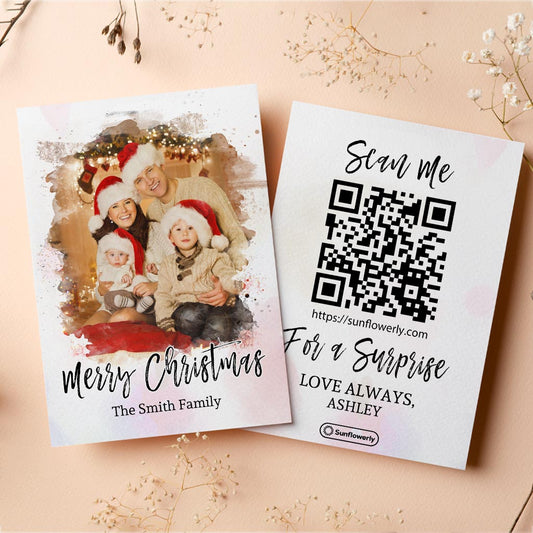 Fröhliche Weihnachten! Foto-Upload mit Aquarell-Effekt – Personalisierte QR-Grußkarte