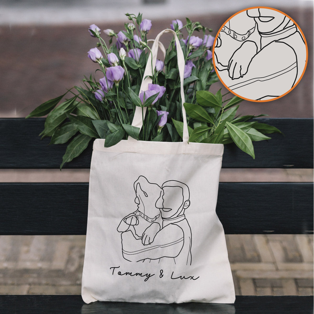 Individuelle Foto-Strichzeichnung – Personalisierte Tragetasche mit Hundestickerei