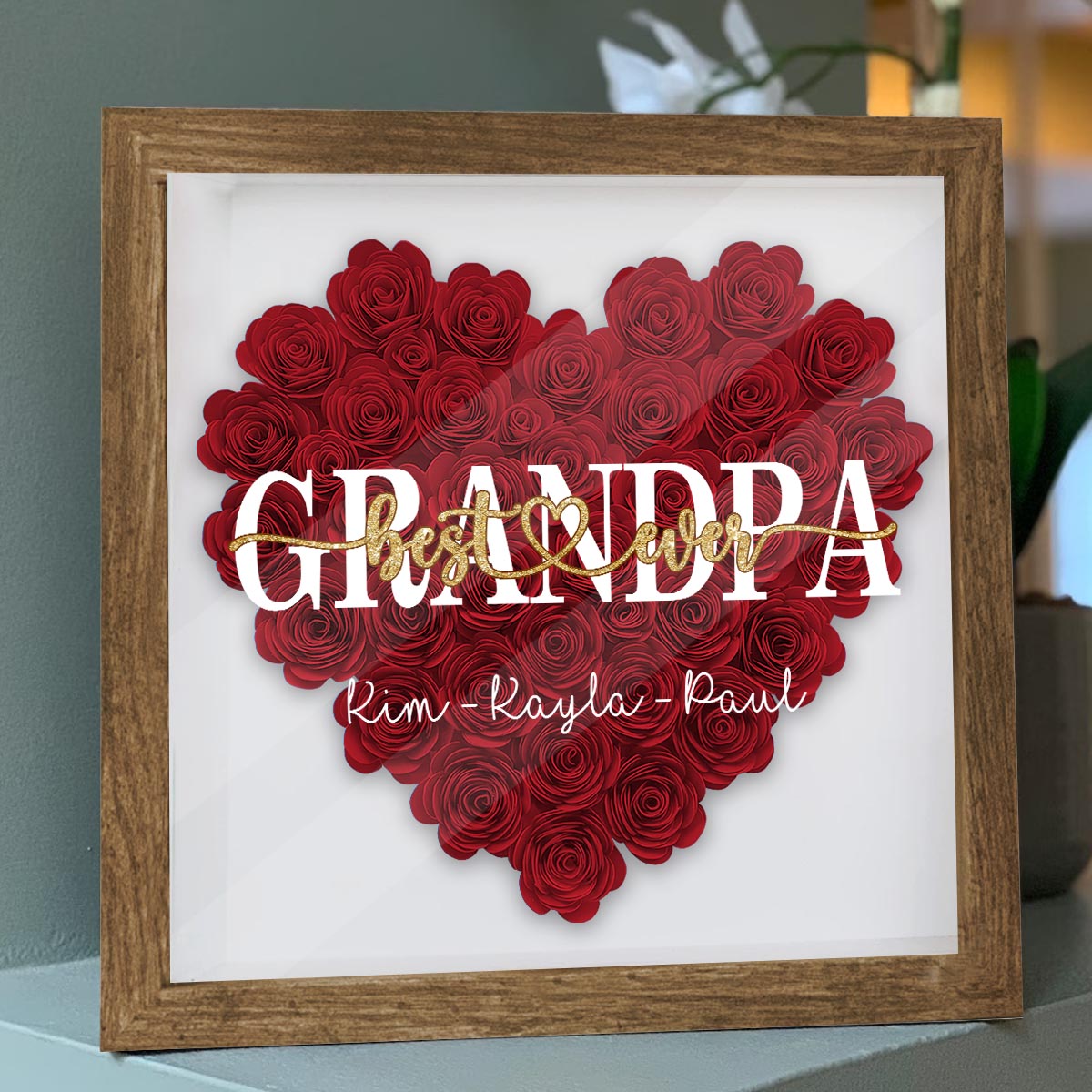 Beste Mama der Welt – Geschenk für Mama, Oma, Opa, Papa, Tante, Schwester – Personalisierte Blumen-Schattenbox