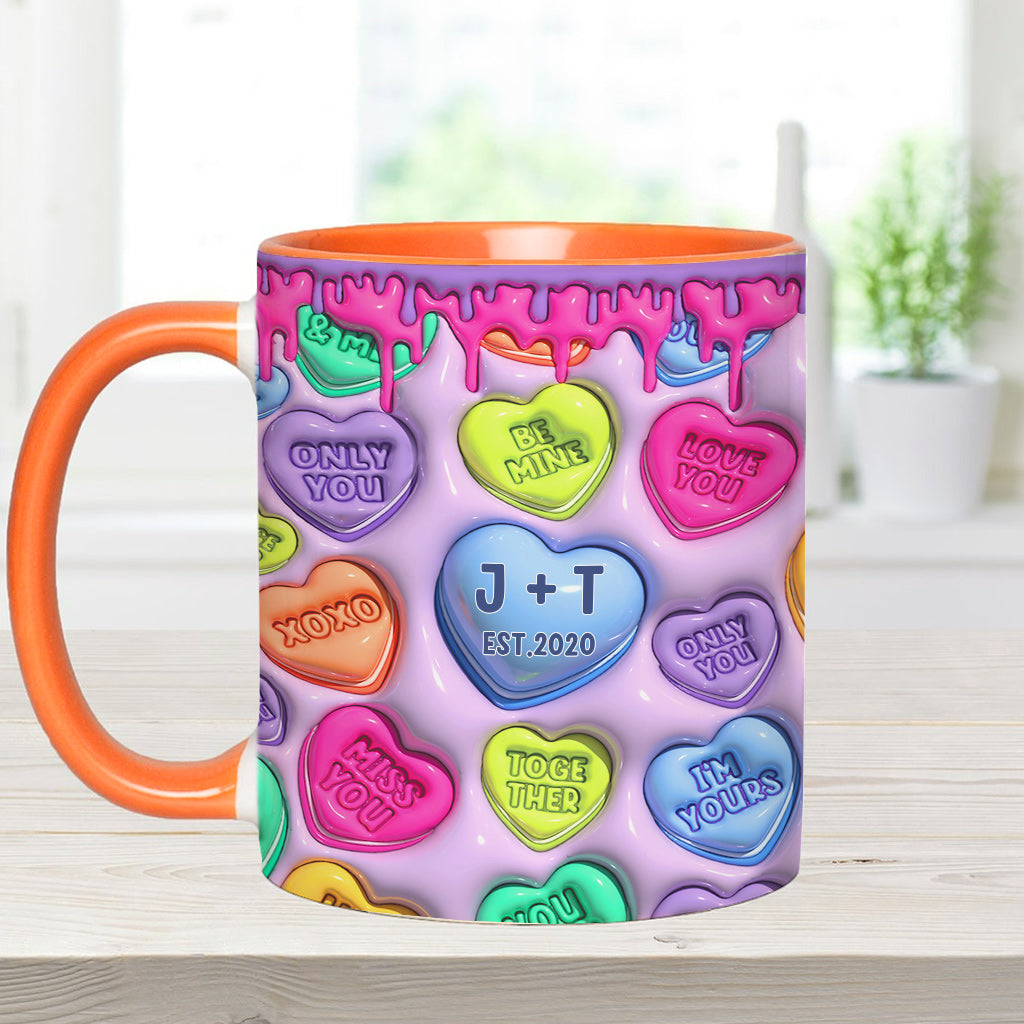 Beliebiger Name, beliebiges Datum, buntes, aufgeblasenes Herz – personalisierte Tasse für Paare