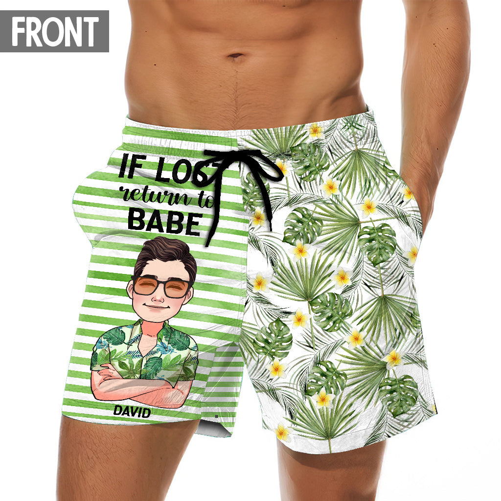 If Lost Return To Babe - Personalized Sea Lover Triangle Bikini Swimsuit And Men Shorts