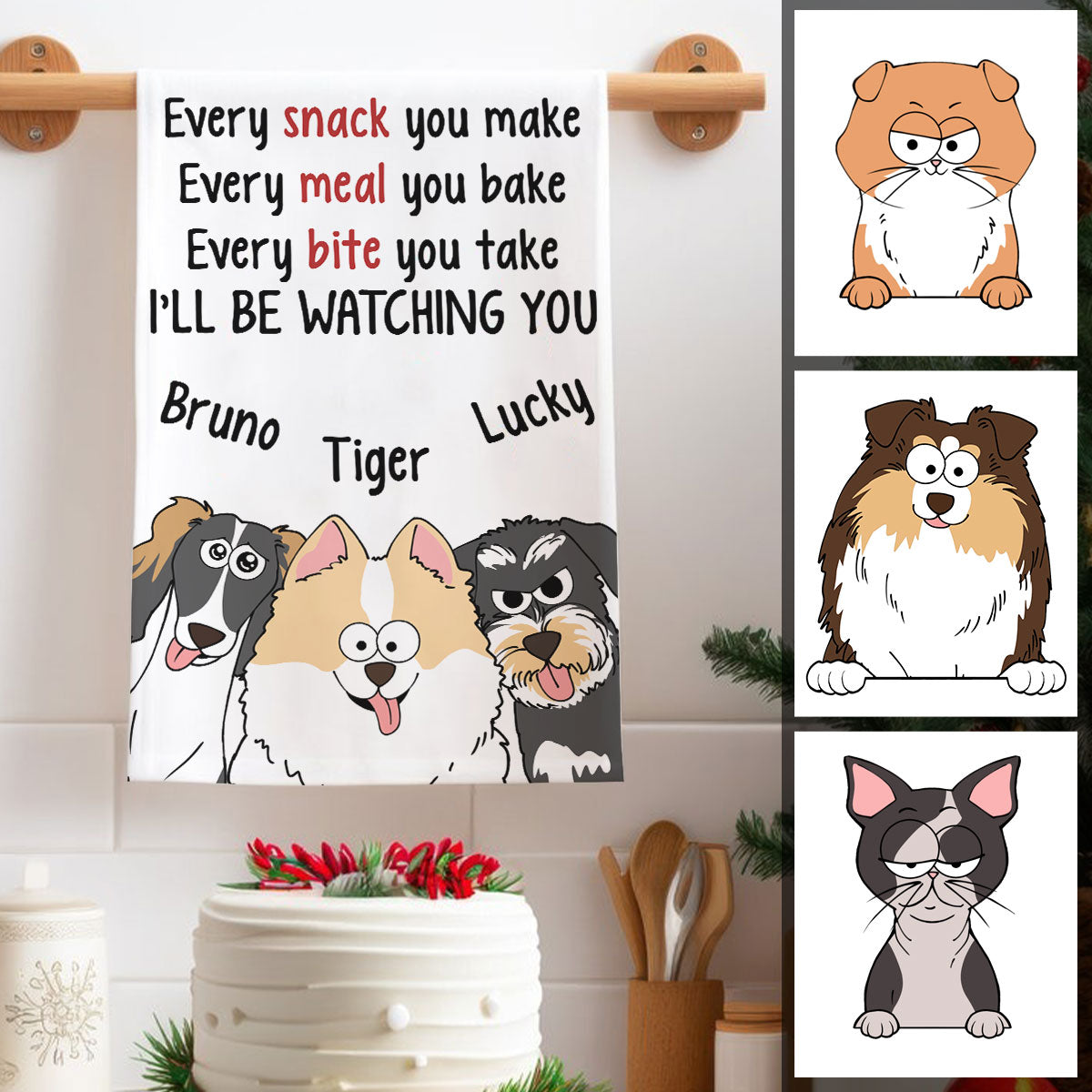 Bei jedem Snack, den du zubereitest, werde ich dich beobachten – Geschenk für Hunde- und Katzenliebhaber – personalisiertes Handtuch