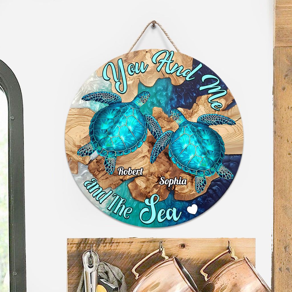 You And Me And The Sea - Personalized Turtle Round Wood Sign