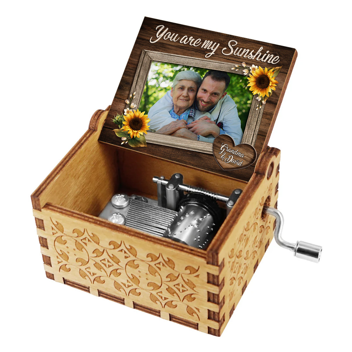 Du bist mein Sonnenschein – Geschenk für Mama, Oma, Opa, Tochter, Sohn, Enkelin, Enkel, Freunde, Schwester, Bruder, Tante, Onkel, Papa – Personalisierte Spieluhr mit Handkurbel