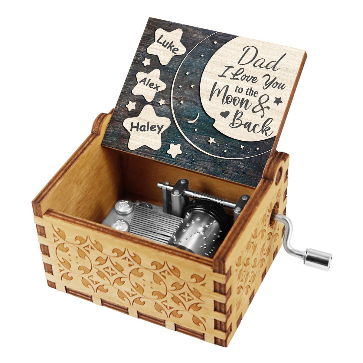 Ich liebe dich bis zum Mond und zurück – Geschenk für Mama, Oma, Papa, Opa – Personalisierte Spieluhr mit Handkurbel
