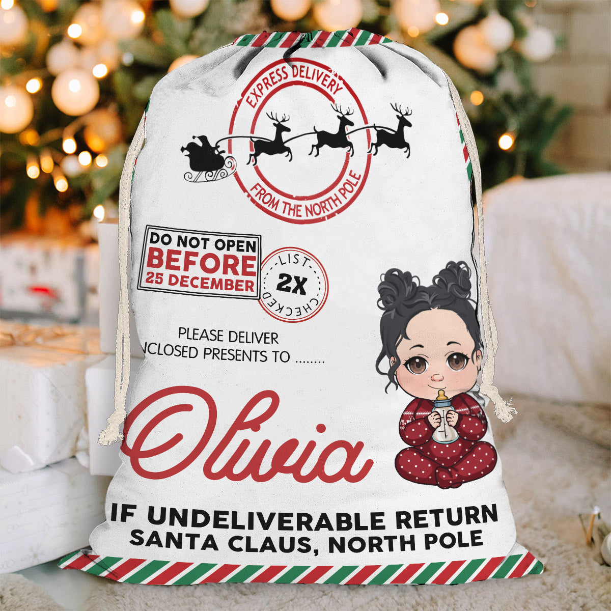 Nicht vor dem 25. Dezember öffnen – Personalisierter Familien-Tragebeutel mit Kordelzug