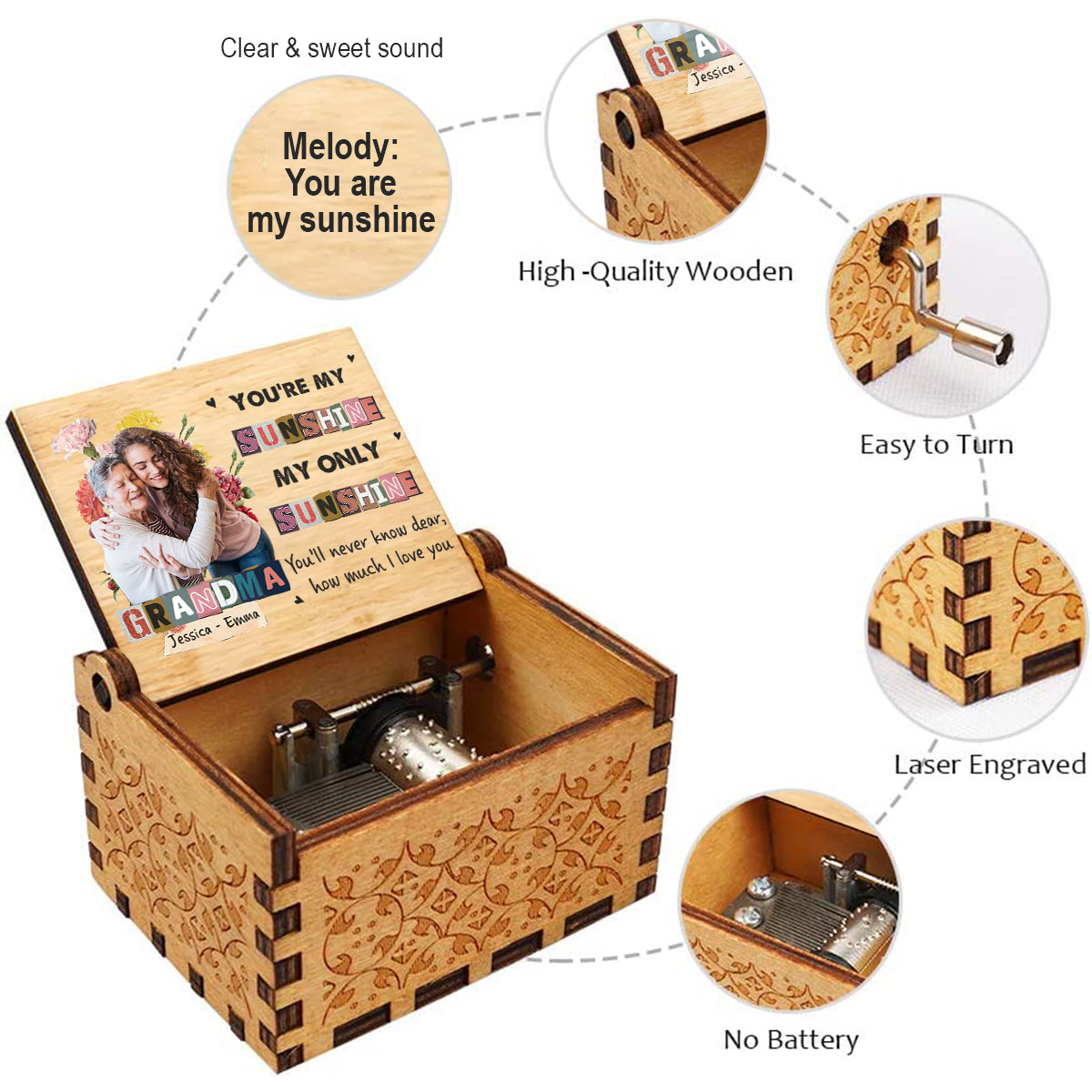 Du bist mein Sonnenschein – Geschenk für Mama, Oma – Personalisierte Spieluhr mit Handkurbel