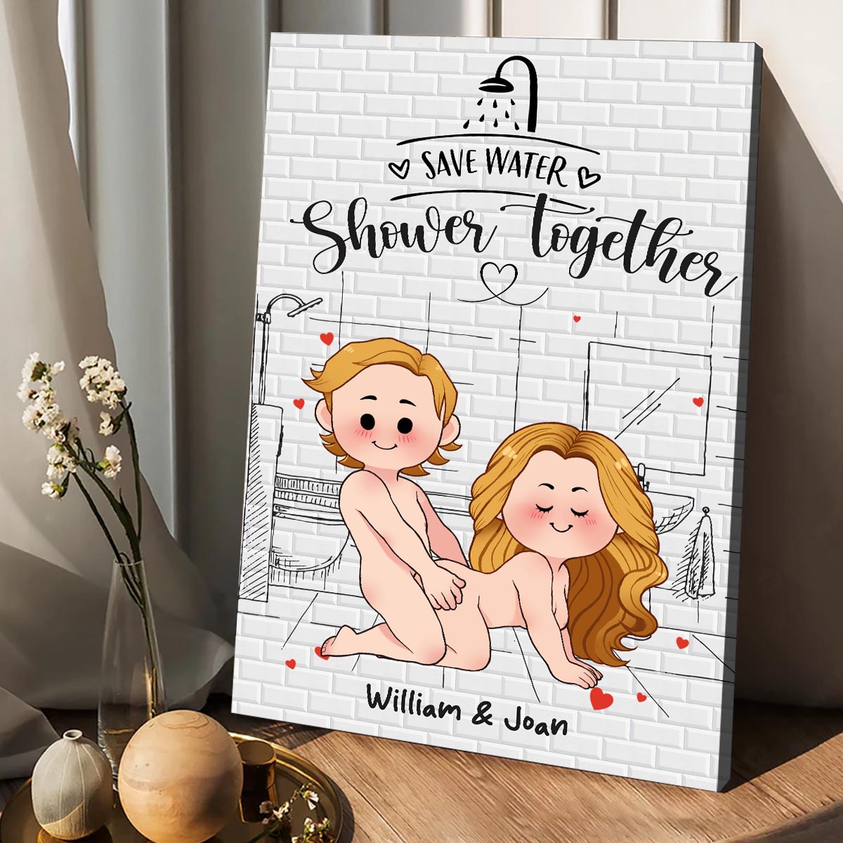 Gemeinsam duschen und dabei Wasser sparen – Personalisierte Leinwand und Poster für Paare