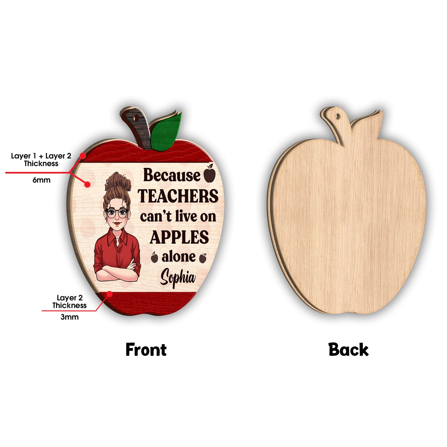 Because Teachers Can't Live On Apples Alone - Personalized Teacher 2 Layered Piece Ornament