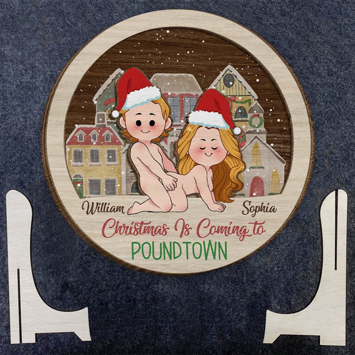 Fröhliche Weihnachten in Poundtown – Geschenk für Freundin, Freund, Ehemann, Ehefrau – Personalisiertes zweilagiges Holzschild / Holzplakette