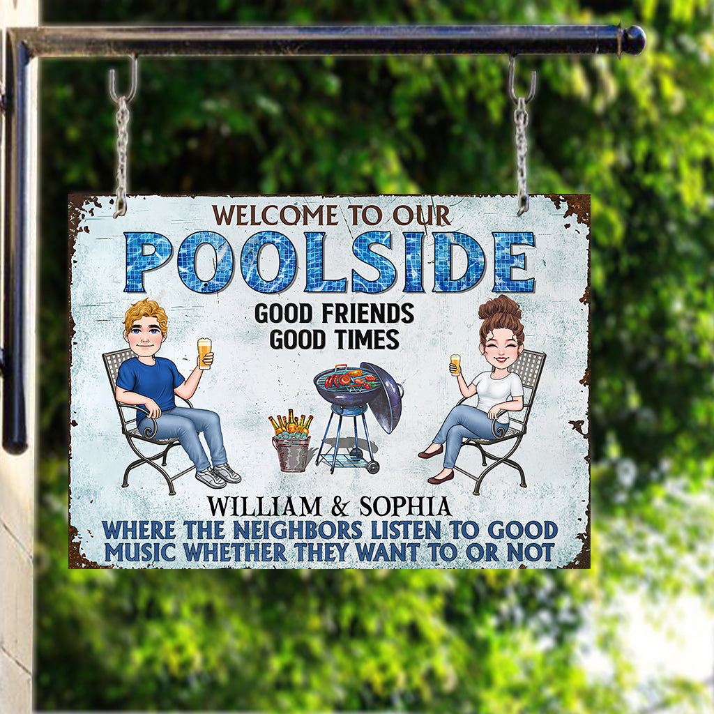 Welcome To Our Poolside - Personalized Backyard Rectangle Metal Sign