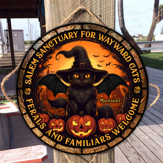 Salem Sanctuary for Wayward Cats - Personalized Black Cat Round Wood Sign