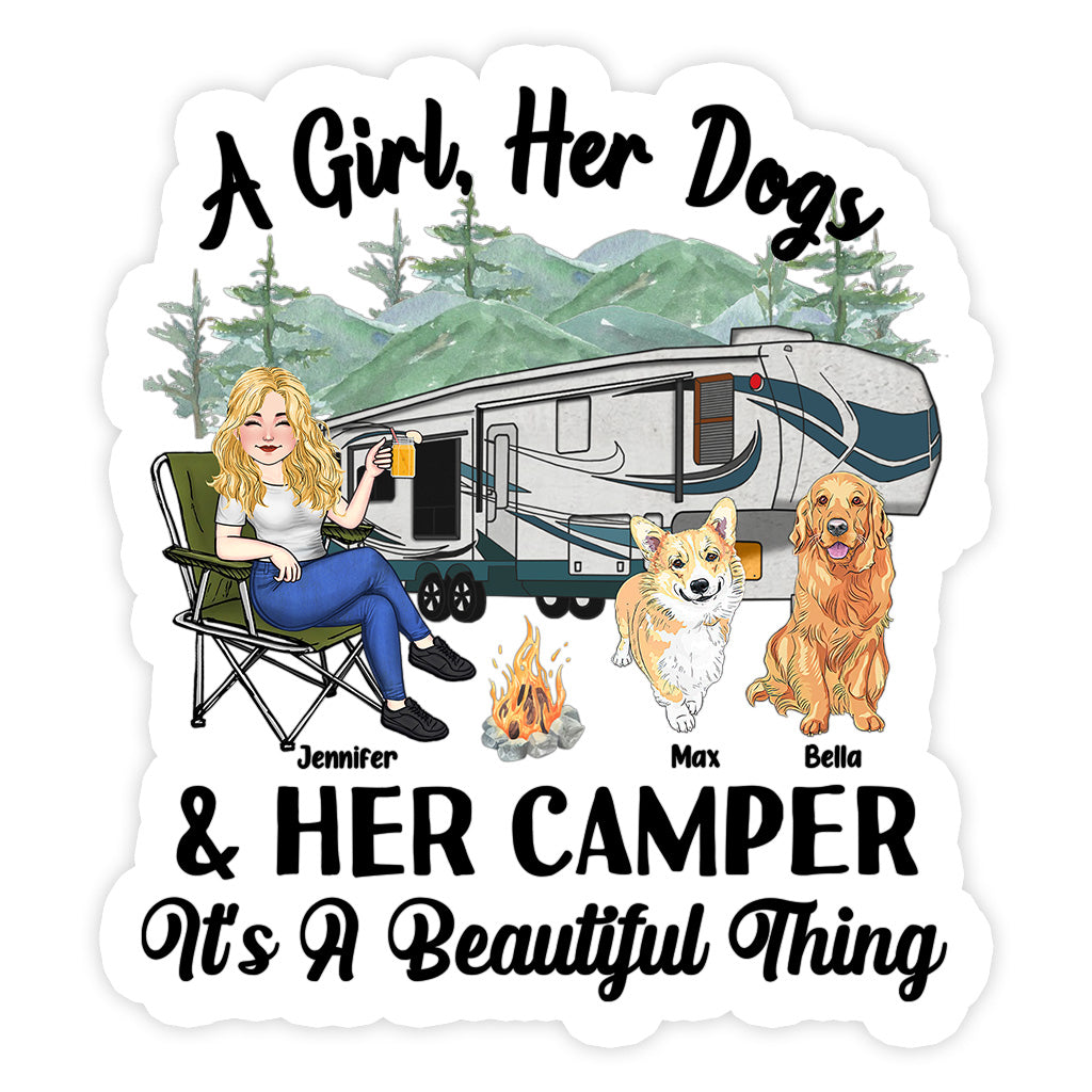 Ein Mädchen, ihr Hund und ihr Wohnmobil – Personalisierter Camping-Aufkleber