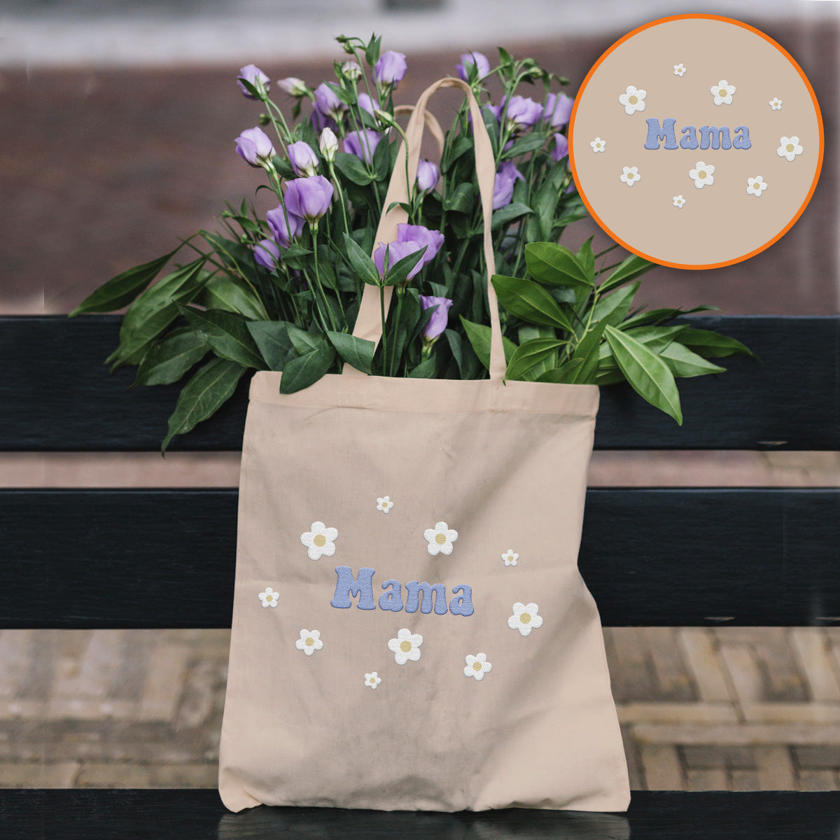 Personalisierte Tragetasche mit Namensstickerei und Blume – Individuelle Mutter-Stickerei