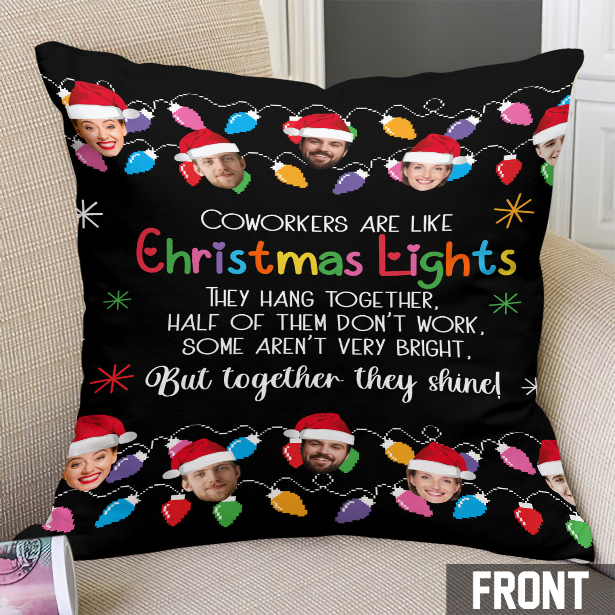 Kollegen sind wie Weihnachtslichter – zusammen leuchten sie – personalisiertes Kissen für Kollegen