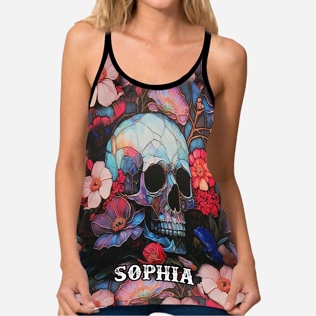 Totenkopf mit Blumenmuster – Personalisiertes Tanktop mit Totenkopfkreuz