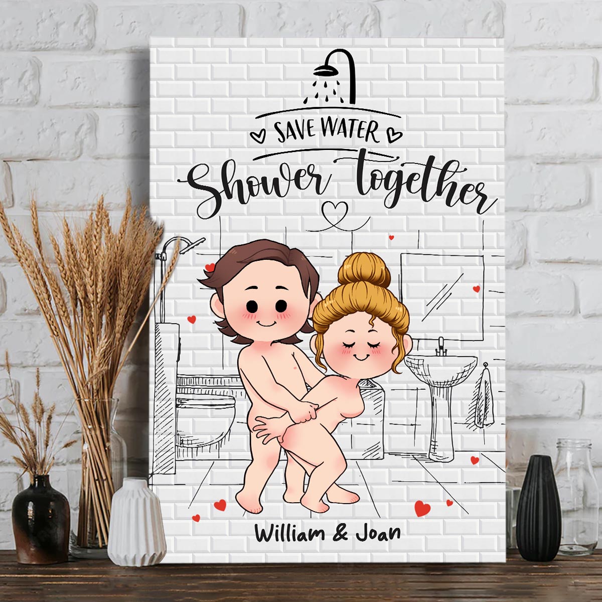 Gemeinsam duschen und dabei Wasser sparen – Personalisierte Leinwand und Poster für Paare