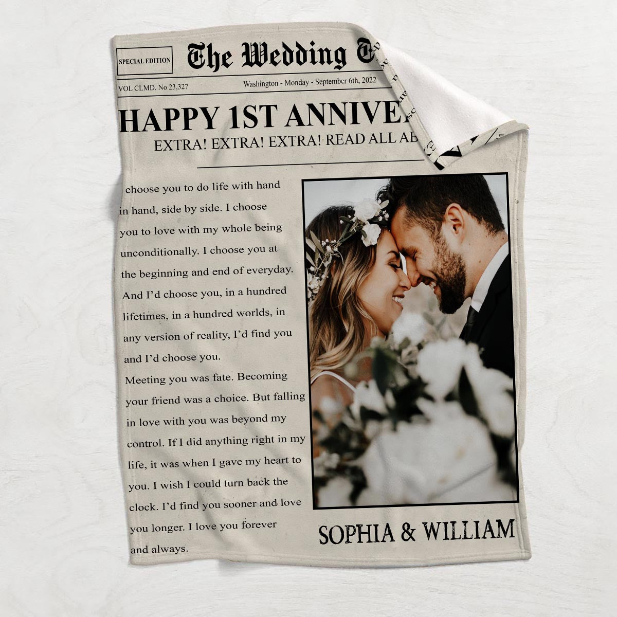 Herzlichen Glückwunsch zum Jahrestag! – Personalisierte Ehepaar-Decke aus der Wedding Times-Zeitung