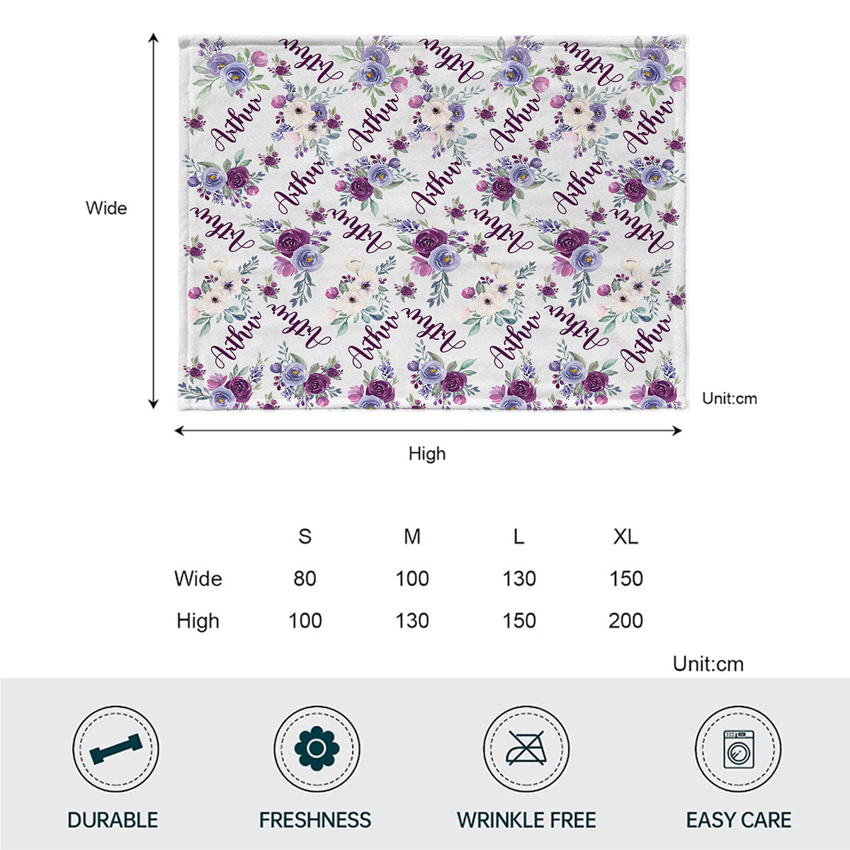 Personalisierte Decke mit lila Blumen und individuellem Namen für den Enkel