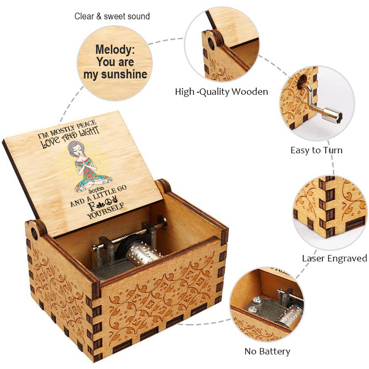 Ich bin vor allem Frieden, Liebe und Licht – personalisierte Yoga-Spieluhr mit Handkurbel