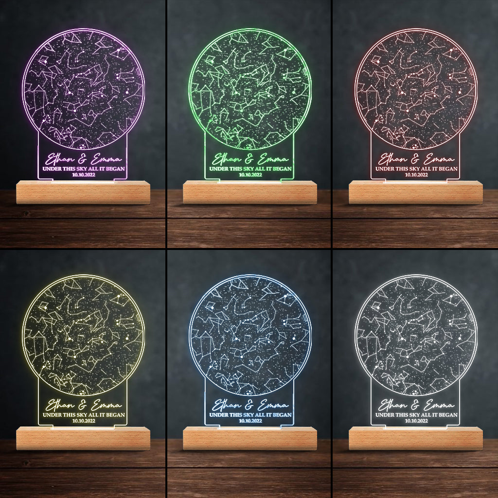 Unter diesem Himmel begann alles – personalisierte Leuchte mit Plakettensockel in Form eines Ehepaares