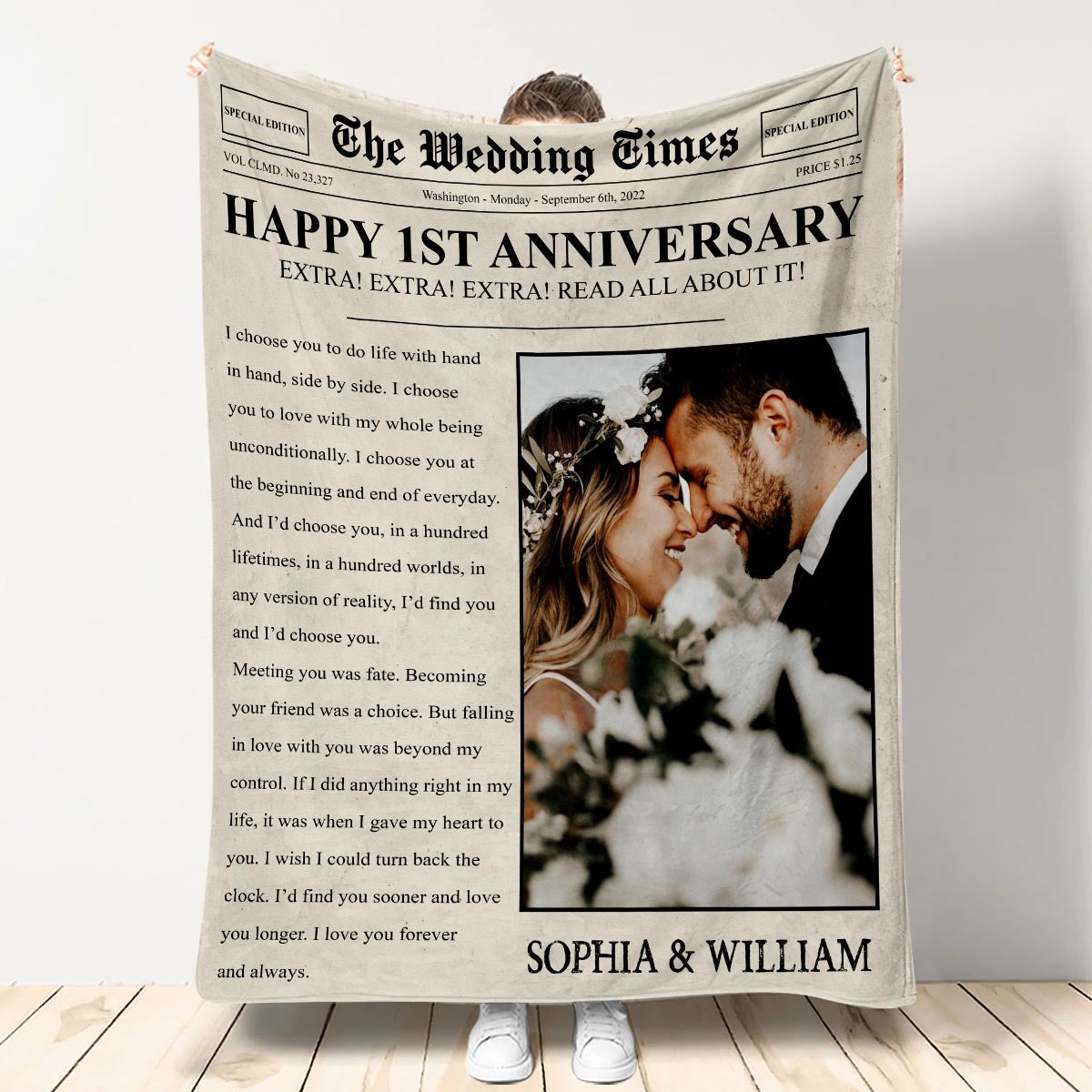 Herzlichen Glückwunsch zum Jahrestag! – Personalisierte Ehepaar-Decke aus der Wedding Times-Zeitung