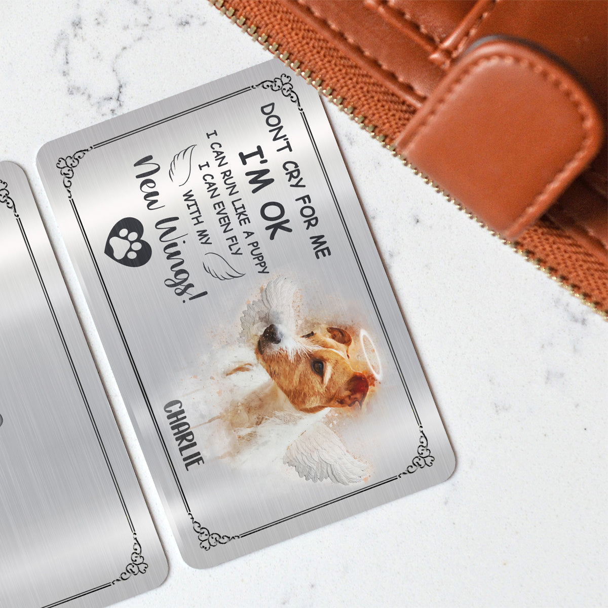 Weine nicht um mich, mir geht es gut – Personalisierte Einlegekarte für die Hunde-Geldbörse