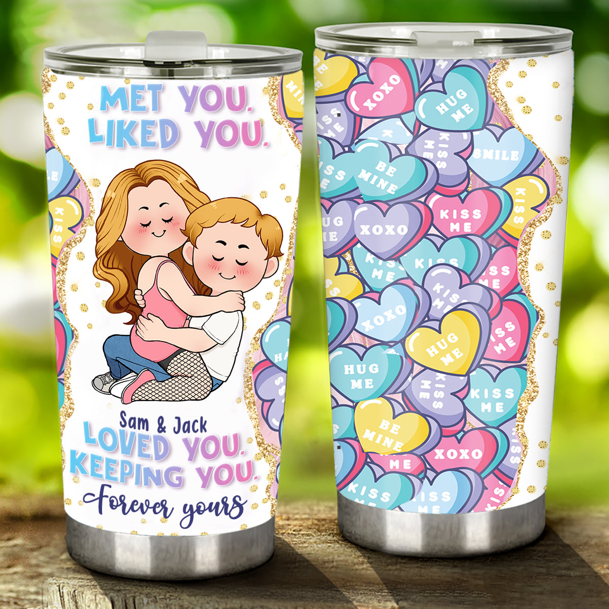 Ich habe dich kennengelernt, mochte dich, liebe dich, du bleibst für immer dein – personalisierter Paar-Trinkbecher