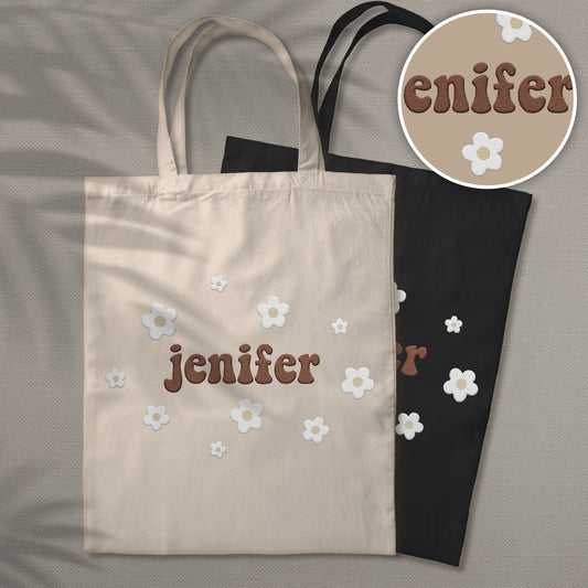 Personalisierte Tragetasche mit Namensstickerei und Blume – Bestickte Tasche für die Enkelin