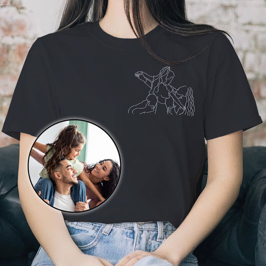 Individuelle Linienzeichnung – Personalisiertes, besticktes Familien-T-Shirt