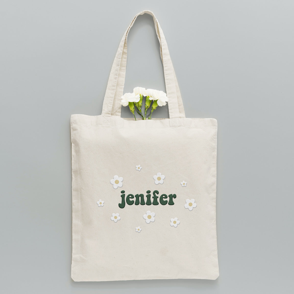 Personalisierte Tragetasche mit Namensaufdruck und Blume – Bestickte Tasche für Paare