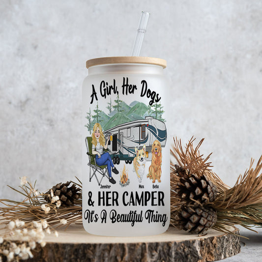 A Girl Her Dog And Her Camper - Camping gift for dog lover - Personalized Can Glass