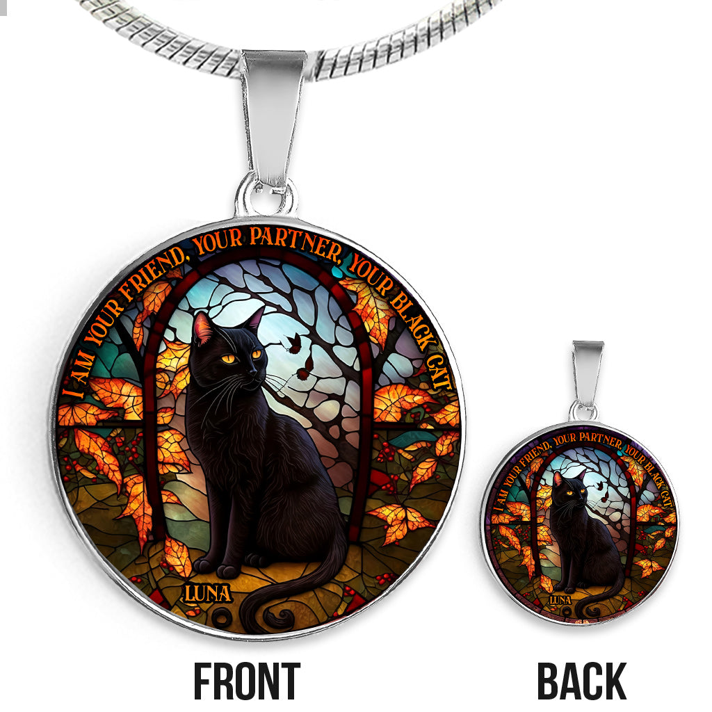 Schwarze Katze – Personalisierte Halskette mit rundem Anhänger in Form einer schwarzen Katze