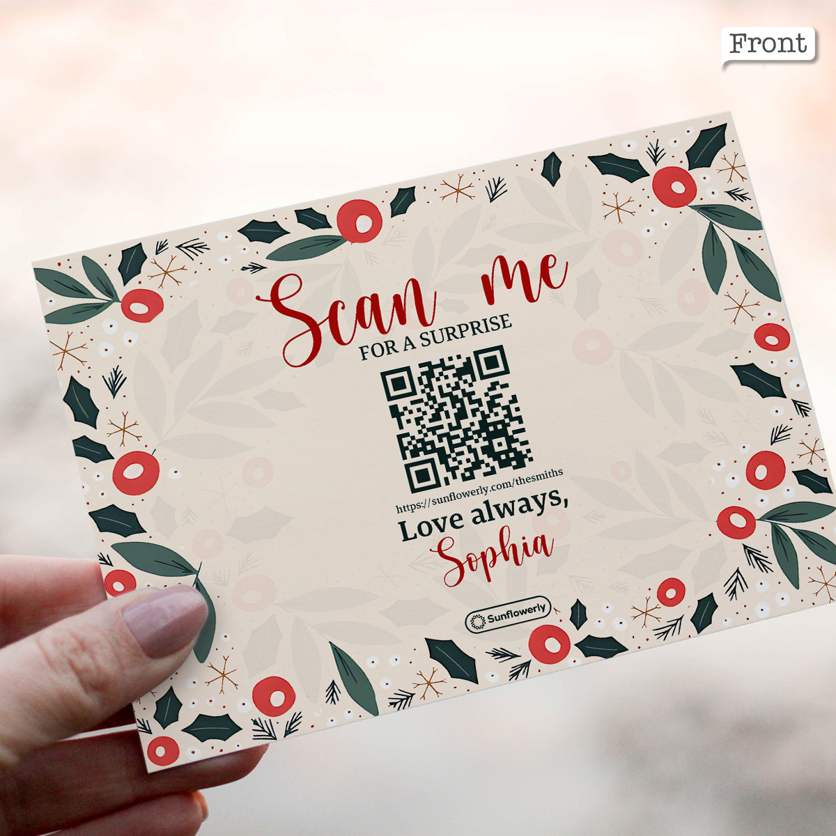 Fröhliche Weihnachten, Blätter & Beeren – Personalisierte QR-Grußkarte