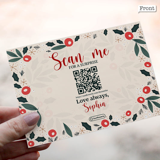 Fröhliche Weihnachten, Blätter & Beeren – Personalisierte QR-Grußkarte